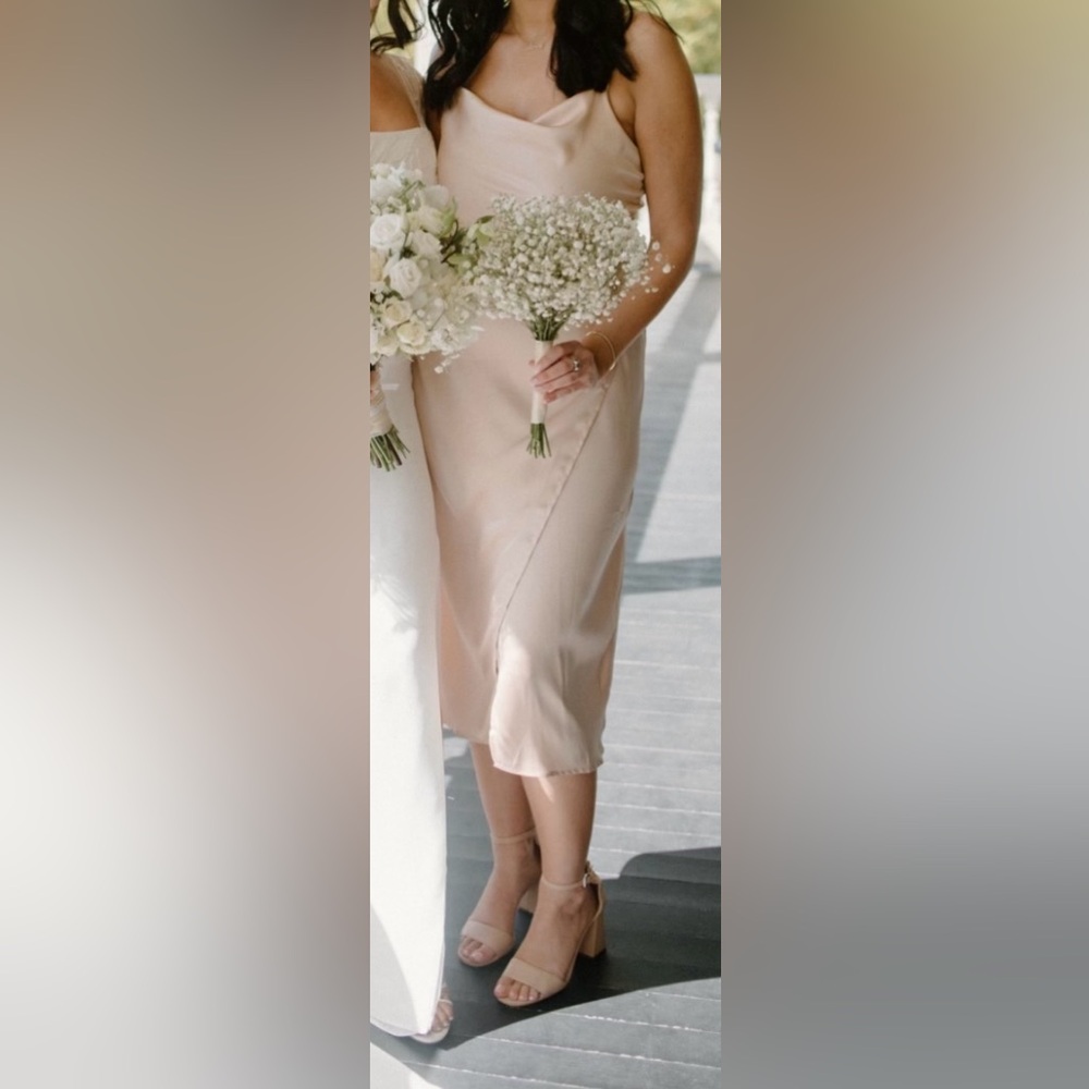 Blush pink satin midi dress sized small